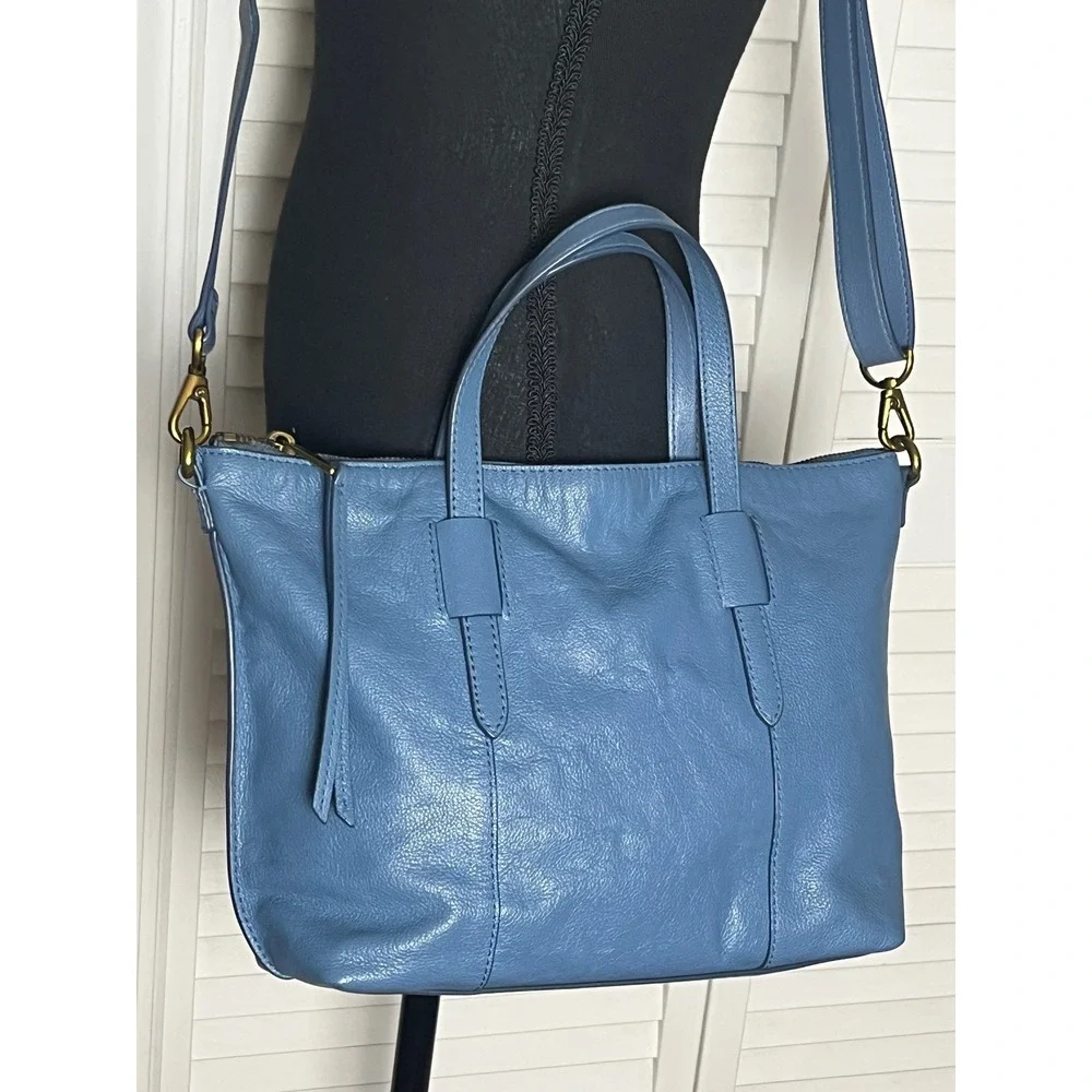 Fossil Blue Skylar Satchel Leather Shoulder Crossbody Bag Purse